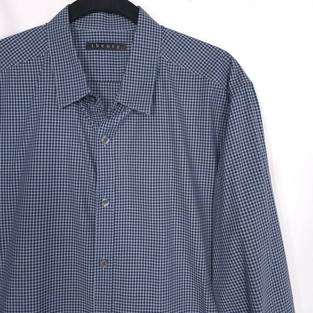 THEORY Men's Blue Micro Check‎ Dress Shirt Cotton Zack PS-Hilton Head LARGE